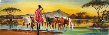 Puesta de sol sobre rebaño de África Pinturas al óleo